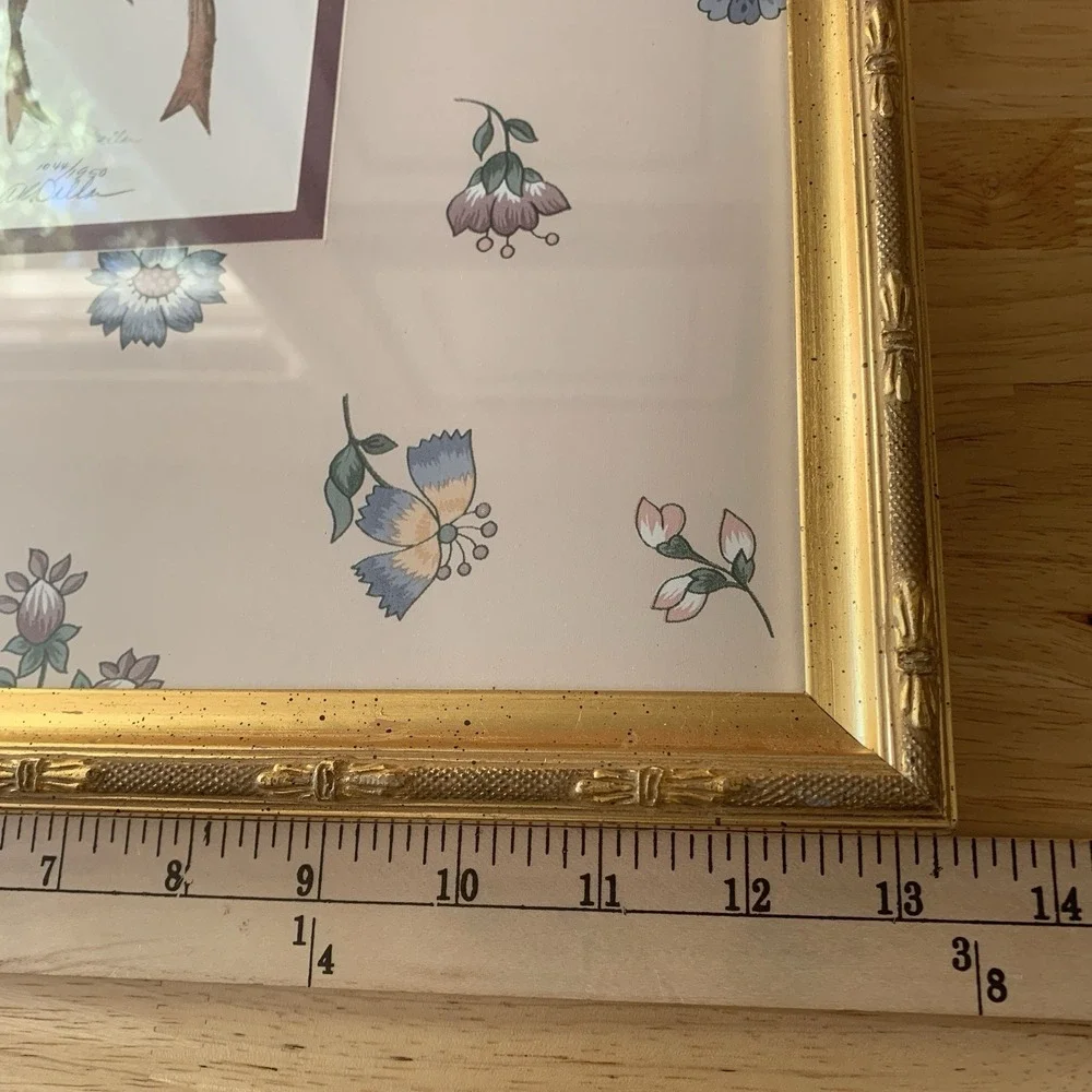 Vtg Framed Botanical Print Floral Wall Art Blossoms Gold Frame Cottage Signed